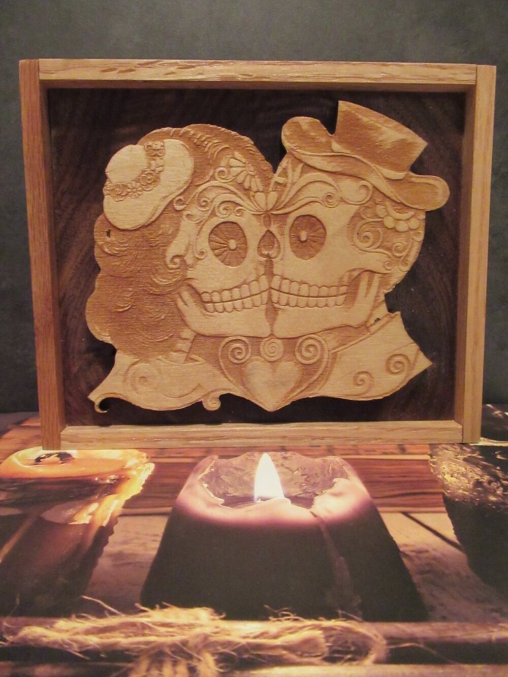 Handcrafted Skeleton Couple Day of Dead Sugar Skull Framed Art Wood Cut Plaque